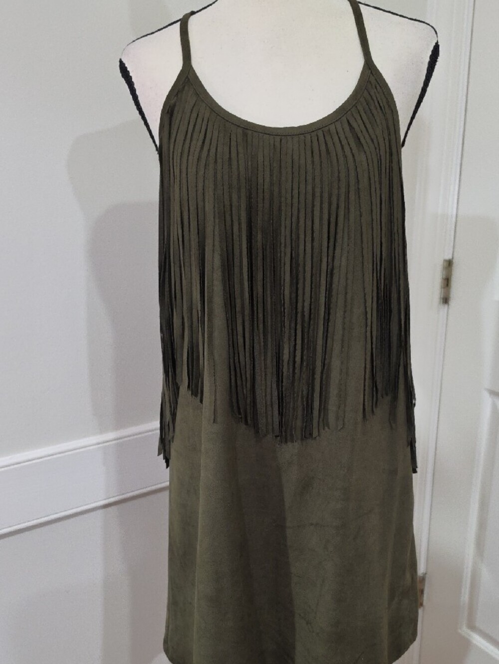 YA Los Angeles Olive Green Faux Suede Fringe Mini Dress - Size Small - Picture 2 of 13